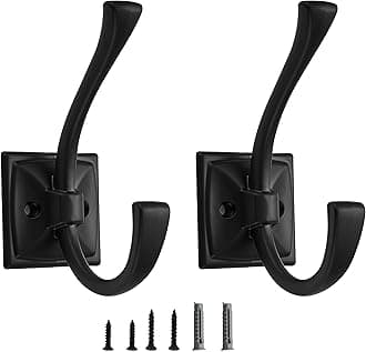 2 Pack Decorative Heavy Duty Towel Hooks for Hanging Robe Double Matte Black Coat Hooks Wall Mounted with Screws for Key, Towel, Bags, Cup, Hat