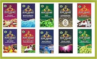 PUFF SMART Pan Ras, Mint, Commissioner, Brain Freezer, ICY Pan, Mix Fruit, PKM, Dubai Special, Crazy Night and Grape Mint Herbal Hookah Molasses (Set of 10) (100% Tobacco and Nicotine Free)
