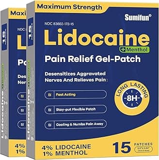 - Sumifun 4% Lidocaine Patches Plus 1% Menthol - 30 Counts Maximum Strength OTC Pain Relief Patches for Back Ache Stiff Neck Joint Pain Muscle Soreness Topical Analgesic