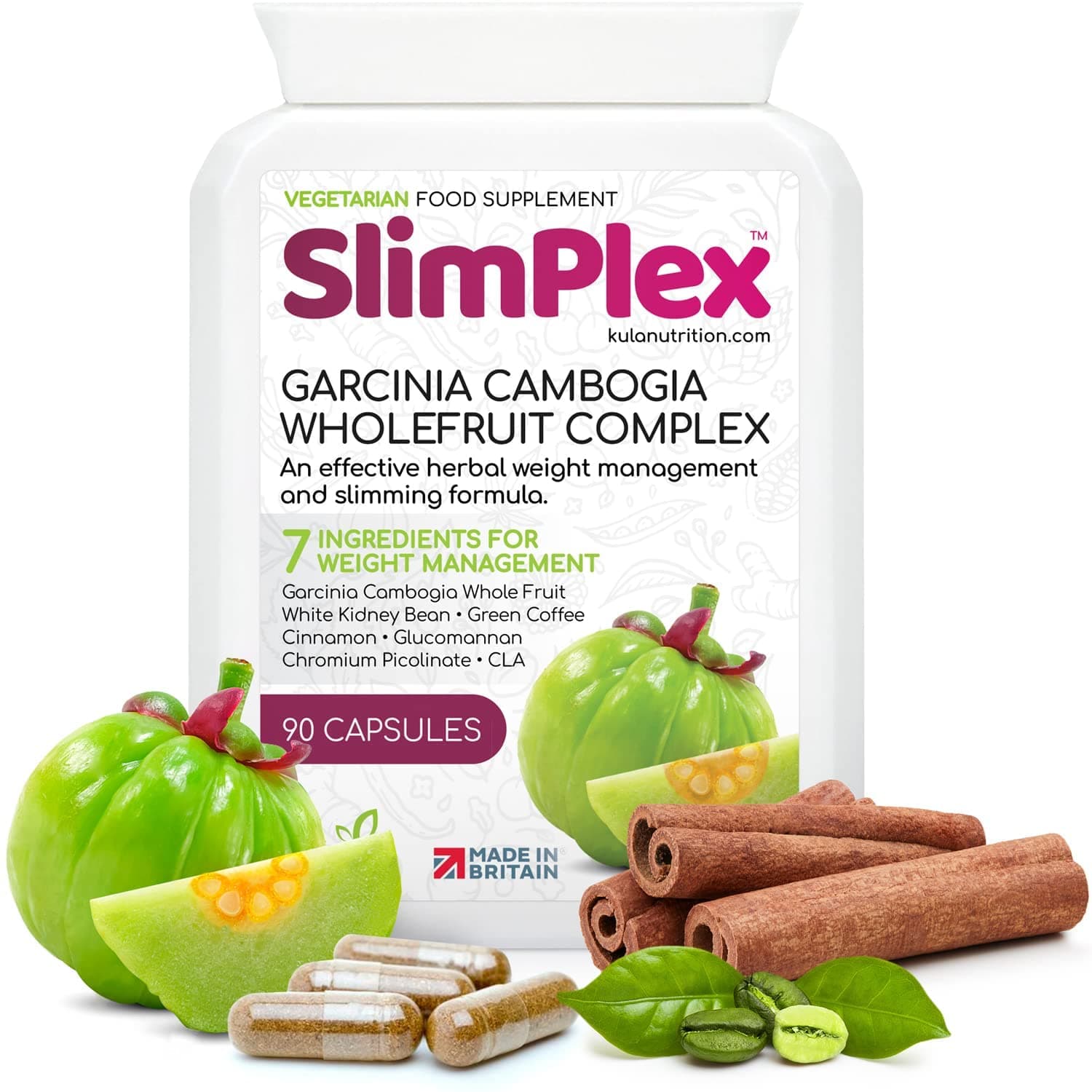 SlimPlex Garcinia Cambogia - Whole Fruit Complex - Weight Management - Tablets Plus Glucomannan, Green Coffee Extract, White Kidney Bean, CLA and Chromium Picolinate - 90 Capsules