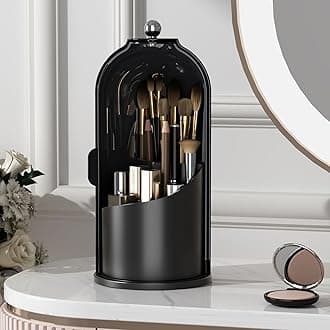 Makeup Brush Holder with Lid 360 Rotating Clear Dustproof Make Up Organizers for Vanity Bathroom Countertop, All Black