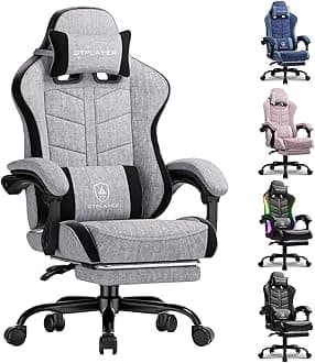 GTPLAYER Gaming Chair with Footrest, Computer Gaming Chair for Adults and Kids, Height Adjustable Gamer Chair with 90-155° Recline & Removable Headrest Lumbar Support,Linen Fabric Gray-Black