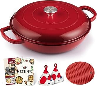 Enameled Cast Iron Dutch Oven - 3.8 Quart Dutch Oven Pot with Lid - Shallow Cookware Braising Pan - Cast iron Casserole with Cookbook & Heat-resistant Caps - Oven Safe up to 500° F