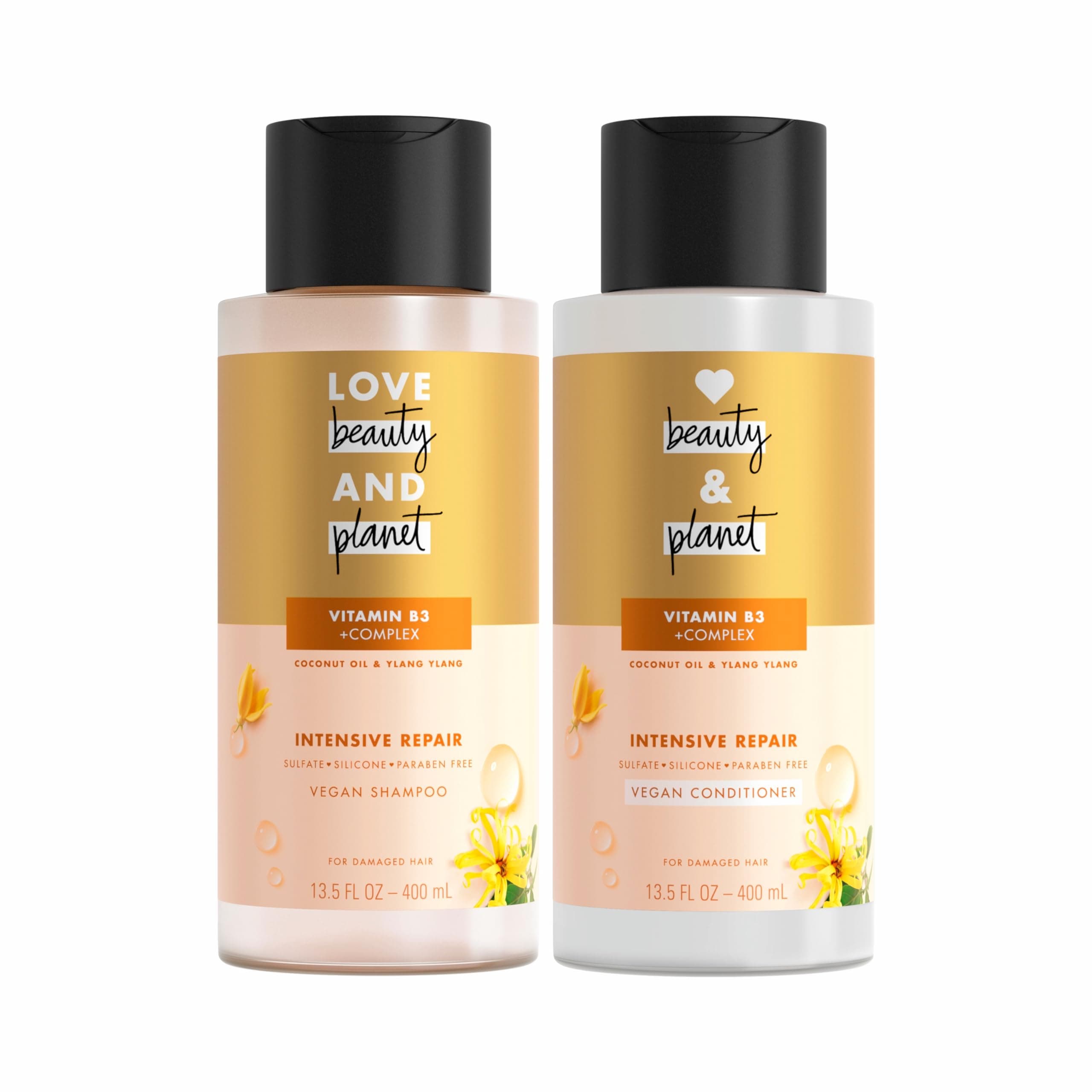 Love Beauty and Planet Coconut Oil & Ylang Hope and Repair Shampoo and Conditioner for Dry and Damaged Hair 2 Count, 13.5 oz each, Paraben , Silicone Free, Vegan