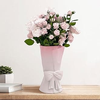 Relexome Pink White Ceramic Bow Vase 9.64 in Unique Cute Modern Decorative Bouquet Flower Vases for Home Living Room Table Decor