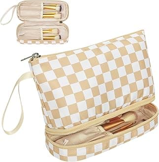 Ethereal Small Makeup Bag, khaki Checkered 2 Layers Travel Cosmetic Bag with Makeup Brush Holder, Portable Makeup Pouch for Women/Girls