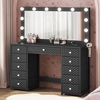 Vanity with Lights and Mirror, 11 Drawer Makeup Vanity with Power Strip, 45.3” Vanity Desk with Storage, Dressing Table with 3 Color Modes for Bedroom, Women, Girls (Black-Big Mirror)
