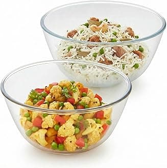 Glass Solid Mixing & Serving Bowls, Oven & Microwave Safe Bowls, Set of 2 (500 ml, 1.3 L), Borosilicate Glass, Clear