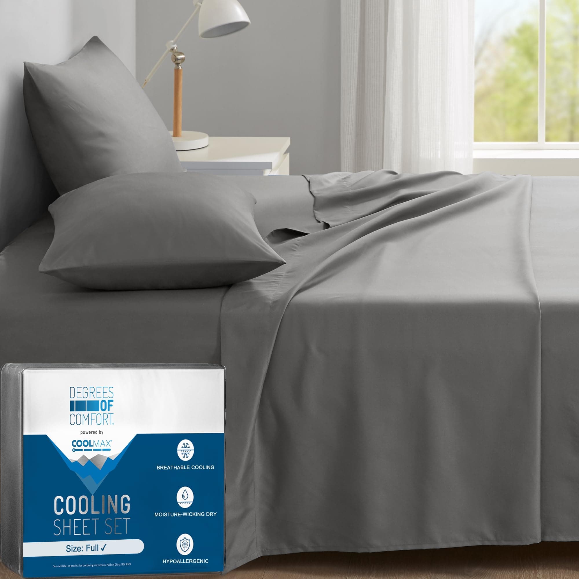 Coolmax Cooling Sheets Set for Full Size Bed, Moisture Wicking for Night Sweats Best Comfort, Cool Sheets for Hot Sleepers During Warm Weather with Deep Pocket, Grey