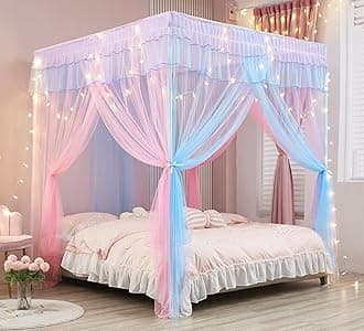 Rainbow Canopy Bed Curtains with Lights - Princess Bed Canopy for Girls - Bed Drapes Netting- Bedroom Decoration Accessories,Queen