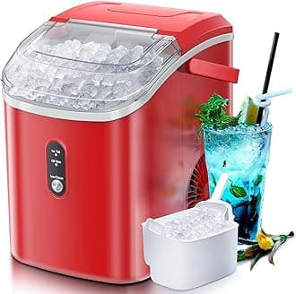 Nugget Countertop Ice Maker with Soft Chewable Ice, Automatic 35lbs in 24 Hours,Pebble Portable Ice Machine with Ice Scoop, Self-Cleaning, One-Click Operation, for Kitchen,Office Red