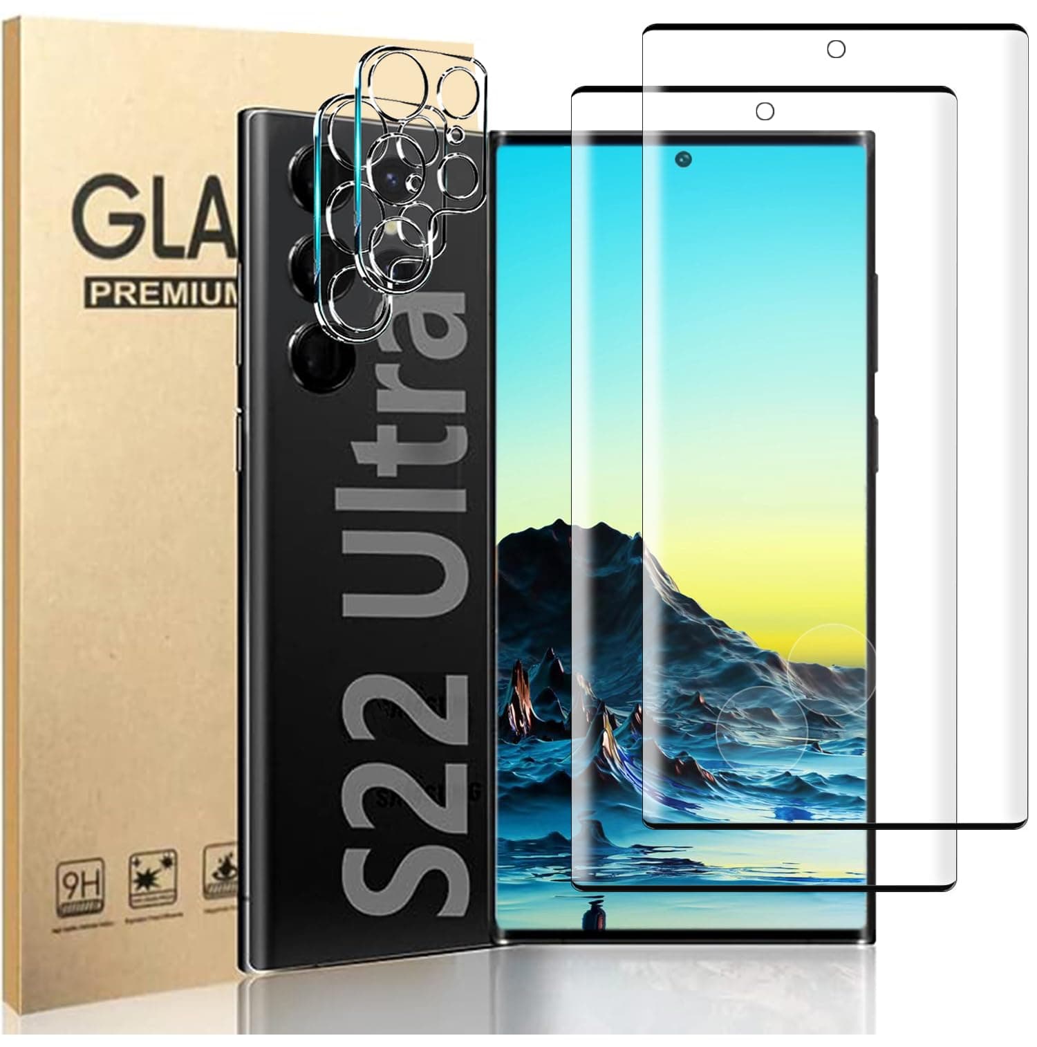 ASR-World 2+2 Pack Galaxy s22 Ultra Screen Protector, 2 Pack Tempered Glass Screen Protector +2 Pack Tempered Glass Camera Lens Protector,3D Curved,9H Tempered Glass, Ultrasonic Fingerprint Support, HD Clear