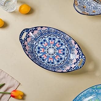 Nestasia Ceramic Serving Platter with Handles | Blue Mandala Print Microwave & Dishwasher Safe Serveware | Ideal for Gifting, Serving Snacks, Appetizers, Salads, Starters & Noodles (10.8 Inch)
