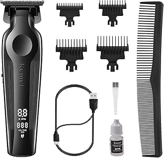 KEMEI Hair Trimmer for Men, Zero Gapped Cordless Hair Clippers Beard Trimmer with T Blade, Rechargeable Barber Clippers with LED Display, Black