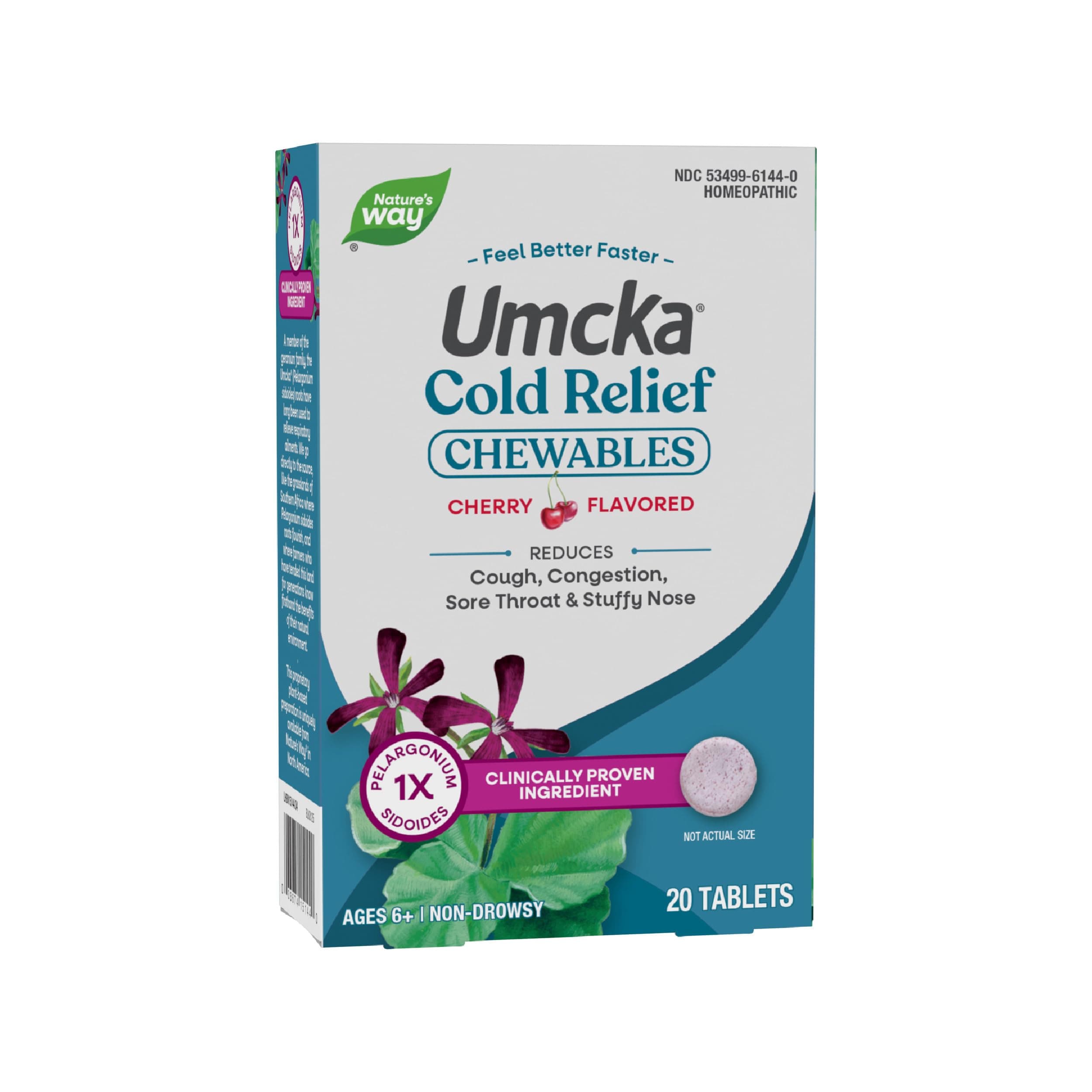 Umcka Cold Relief, Shortens Duration and Reduces Severity, Multi-Symptom Cold Relief, Homeopathic, Phenylephrine Free, Cherry Flavored, 20 Chewable Tablets
