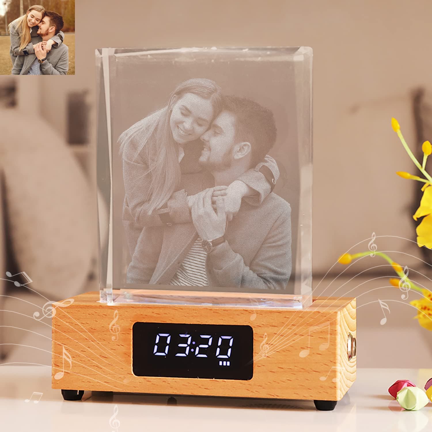 Personalized Rectangular Night Light 3D Crystal Light Custom Photo Engraving LED Light Color Change with Clock Base Personalized Gift Men Women Home Christmas Decoration