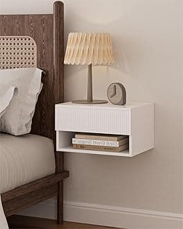Floating Nightstand, Small Modern Floating Shelves with Drawer, White Stripe