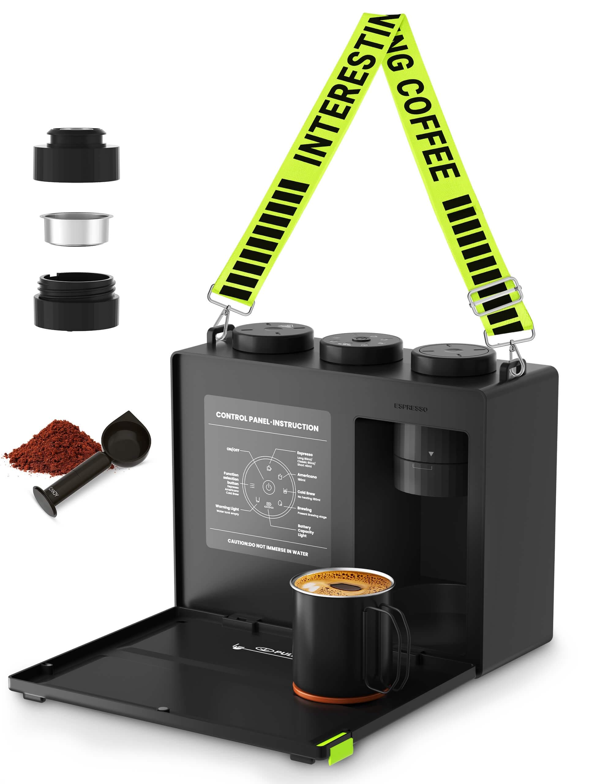 Portable Espresso Machine with Strap, 3 in 1 Coffee Maker, One-Touch Operation, Rechargeable Cold Brew Up to 60 Cups, for Ground, Ideal for Camping, RV & Outdoor, Home, Heating in Plug-in Mode