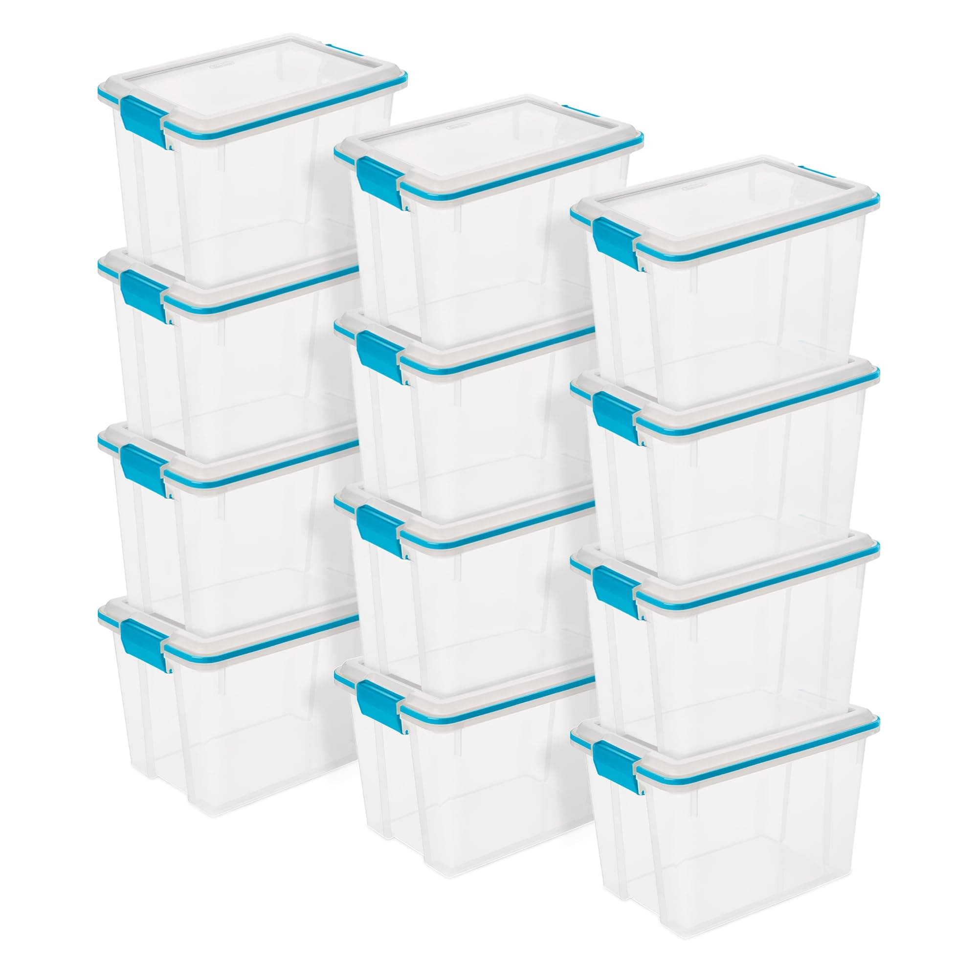 Sterilite 20 Qt Gasket Box, Stackable Storage Bin with Latching Lid and Tight Seal Plastic Container to Organize Basement, Clear Base and Lid, 12-Pack