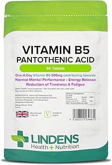 Lindens - Vitamin B5 Pantothenic Acid 500mg, 90 Tablets - UK Made | 1-A-Day | Contributes to Mental Performance, Metabolism & Reduction of Tiredness | 7666% NRV Dose - Letterbox Friendly, Vegan