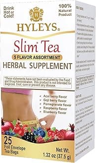 HYLEYS Slim Tea 5 Flavor Assortment - Weight Loss Herbal Supplement Cleanse and Detox - 25 Tea Bags (1 Pack) - Assorted Tea Variety Pack