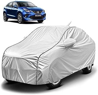 FABTEC Waterproof Non Peel Metallic Silver Car Body Cover for Maruti Baleno with Mirror Antenna Pocket and Soft Cotton Lining (6 Month No Peel Warranty)