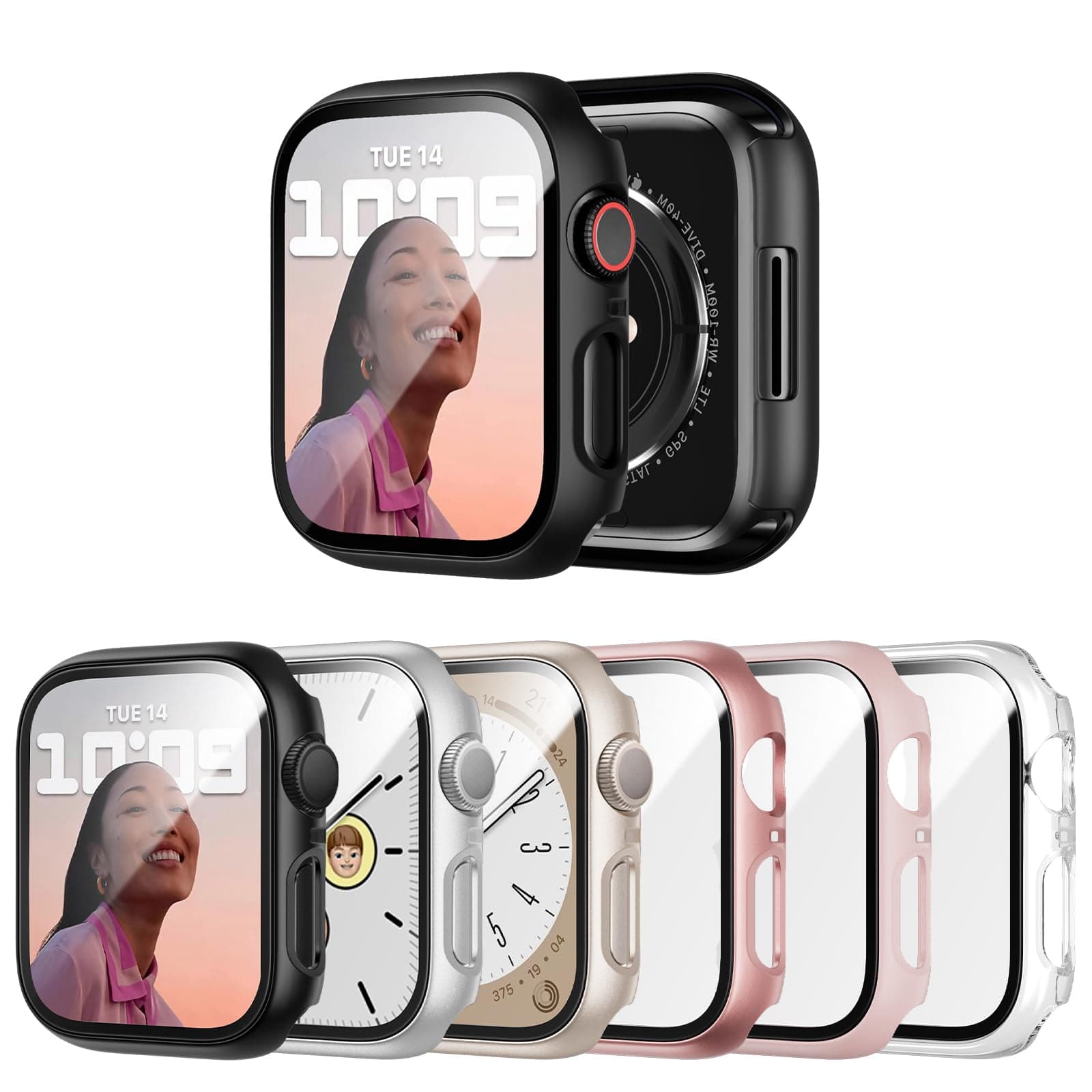 JERXUN 6 Pack Case with Tempered Glass Screen Protector for Apple Watch Series 9/8/7 45mm, Ultra-Thin Scratch Resistant Full Protective Hard PC Bumper Cover for iWatch 45mm Accessories