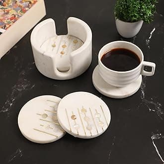 Marble Coasters Set of 4 with Holder, Pearl & Brass Inlay, Dining Table Coasters for Hot Pots & Coffee Mugs Table Coasters Decorative Items for Home Decor