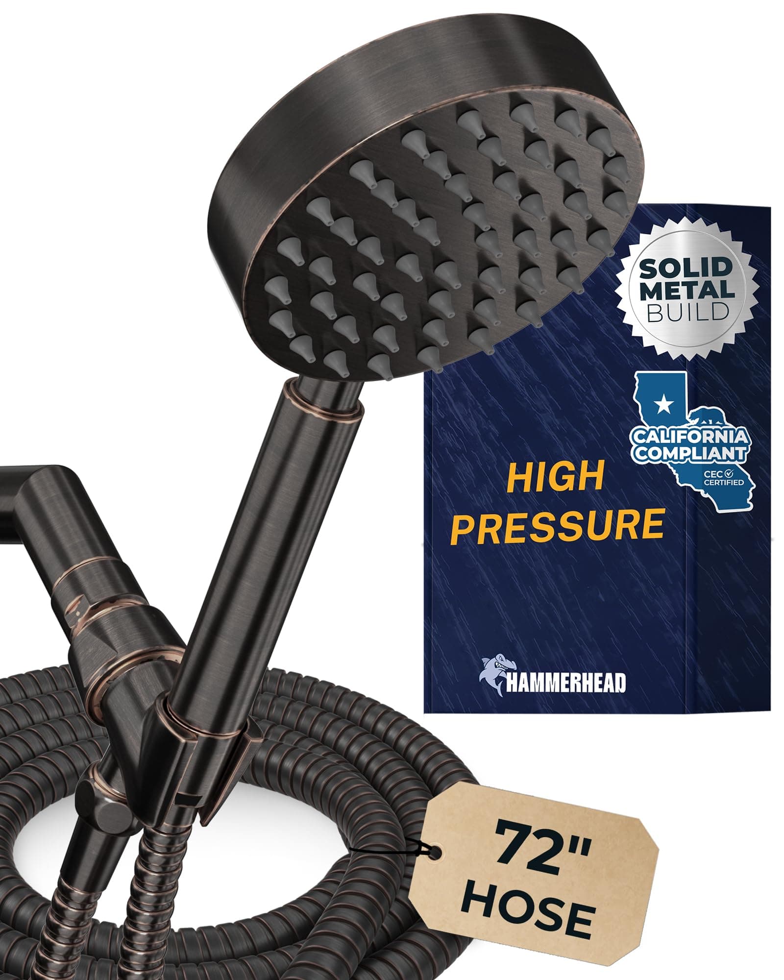 Solid Metal LOW FLOW Handheld Shower Head with Hose and Brass Holder - OIL RUBBED BRONZE – Water Saving 1.75 GPM Detachable Shower Head - Adjustable Shower Wand Bracket & 6ft Hose