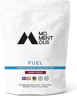 Momentous | Fuel, Intra-Workout Carbs & Electrolyte, 28g of Carbs per Serving, 12 Single Serving Packets, Cherry Berry