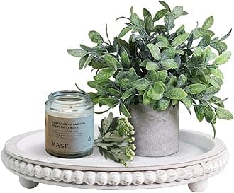 HPC Decor 12in Round Wood Tray - White, Distressed, Farmhouse Rustic - Decorative Tray for Living Room, Coffee Table, Kitchen Table or Farmhouse Serving Tray