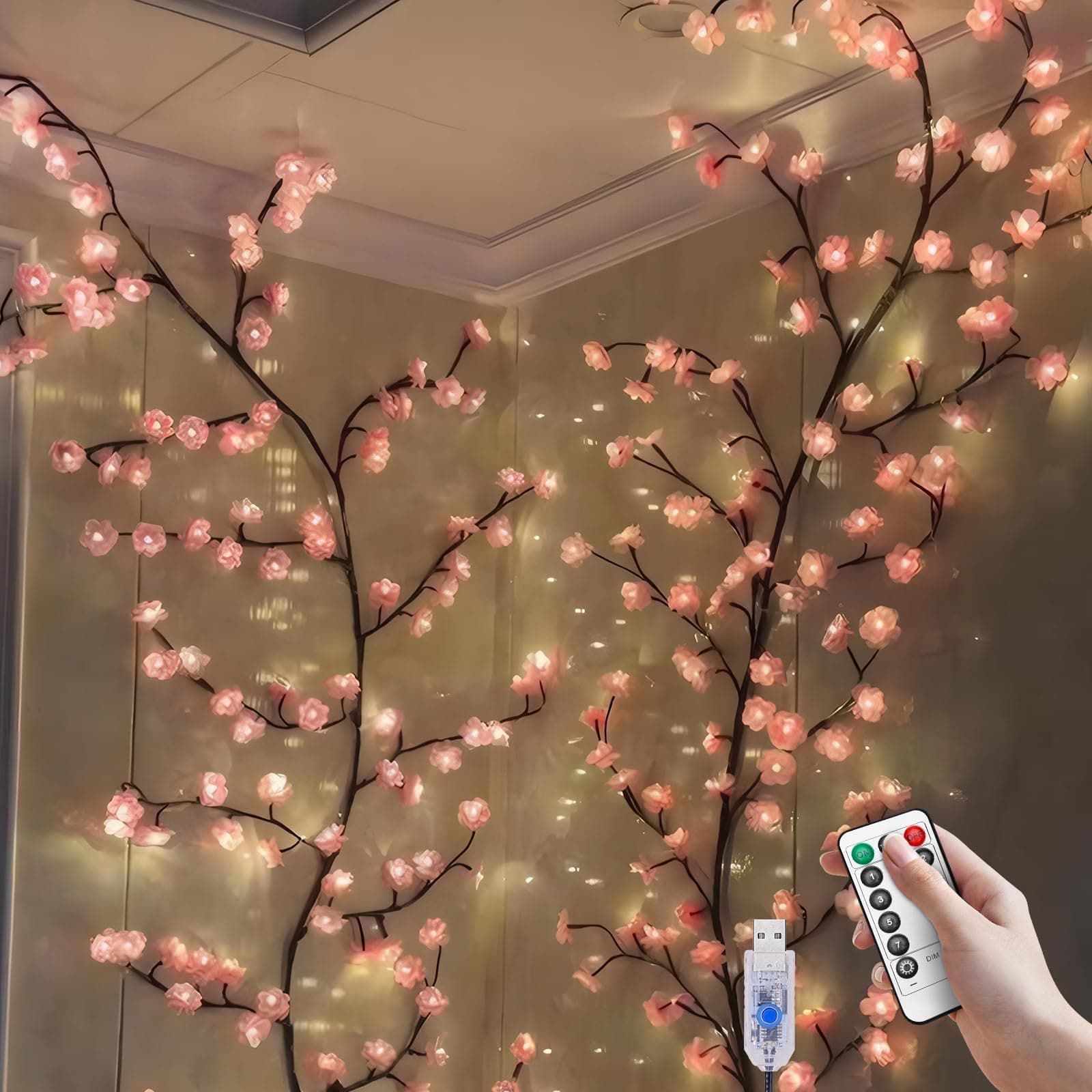 Cherry LED Tree Branch Lights for Wall, Cherry Blossom Willow Vine Twig Decor Garland with 72 LED Lights and Remote,8 Lighting Modes,Christmas Decorations Indoor for Home Wall Door Window (63inch)