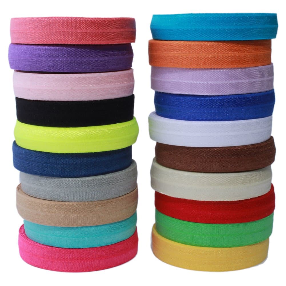 Solid Color Sewing Fold Over Elastic Stretch FOE & Foldover FOE Trim Elastic Ribbon by The Yard for Hair Ties Headbands (5/8" Wide, 1.5 cm Wide, 20 Yards, Mix 20 Colors)