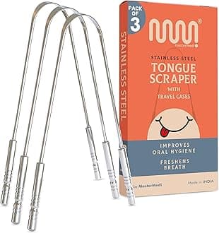 MasterMediTongue Scraper for Adults, 100% Stainless Steel Tongue Scrubber for Bad Breath, Easy to Use, Tongue Cleaner for Oral Care & Hygiene (SS Pack of 3)