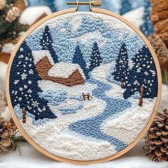 DIY Punch Needle Kits for Beginners Winter Snow Christmas Scenery with Hoop Punch Needle Starter Craft Embroidery Set Easy for Adults and Children Festival Gift and Decoration 20x20cm-1