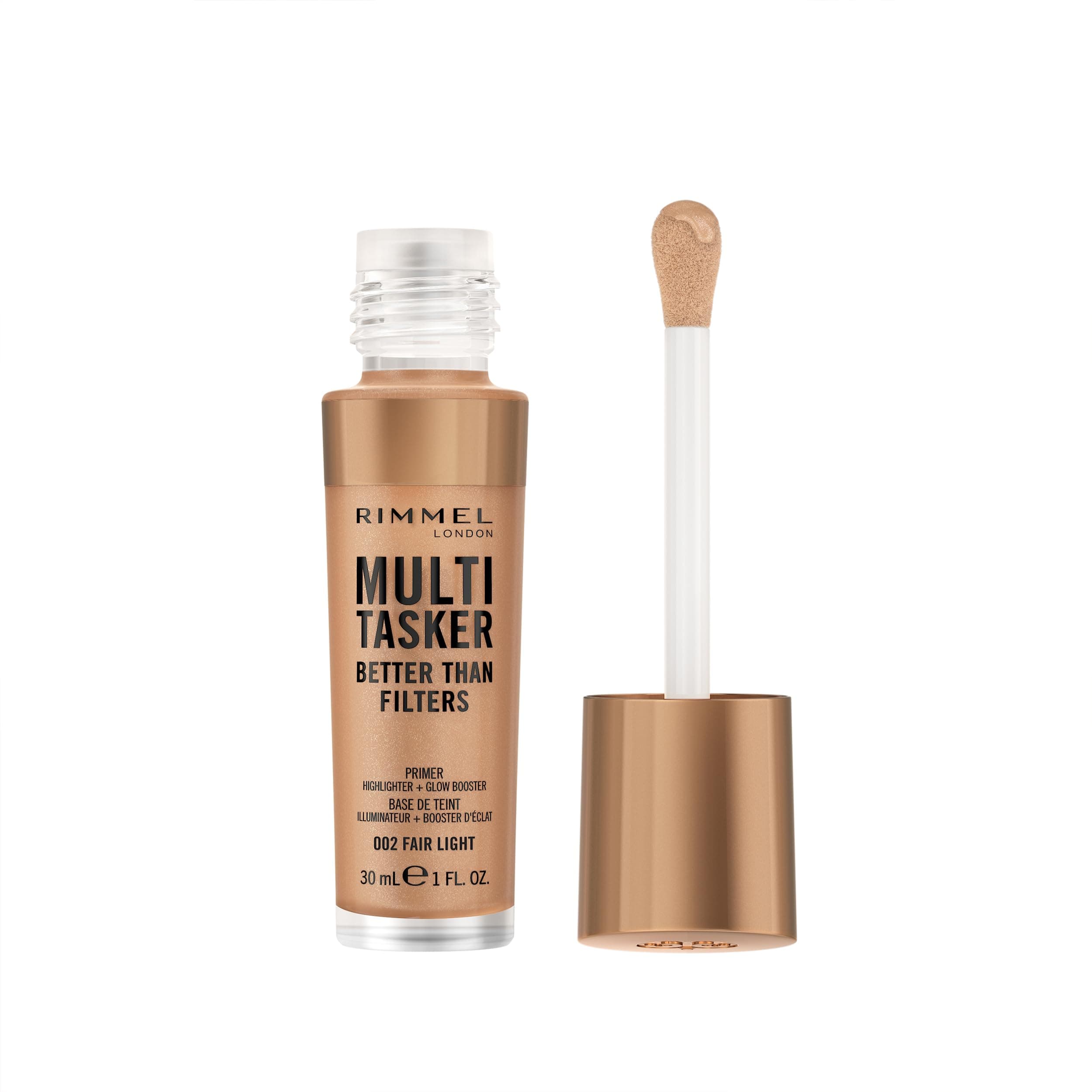 Rimmel Multi Tasker Better Than Filters, 002 Fair Light, 3 in 1 Face Primer, Glow Booster and Highlighter, Flawless Finish, Infused with Vitamin C and E, Maxi Soft Applicator, Vegan, 30ml