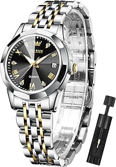 Womens Watch Fashion Dress Diamond Female Watches for Ladies Analog Quartz Stainless Steel Waterproof Luminous Day Date Two Tone Wristwatch