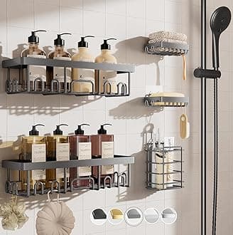 Veken Adhesive Shower Caddy 5-Pack,Heavy Weight Bearing,Large Wall Mounted Shower Shelves Rack,Organizer Storage Accessories with Soap Dish&Toothbrush Holder,Ideal for Bathroom,Home&Kitchen,Light Grey