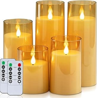 Homemory Amber Flickering Flameless Candles, Battery Operated Acrylic LED Pillar Candles with Remote Control and Timer, Fall Candles, Set of 5
