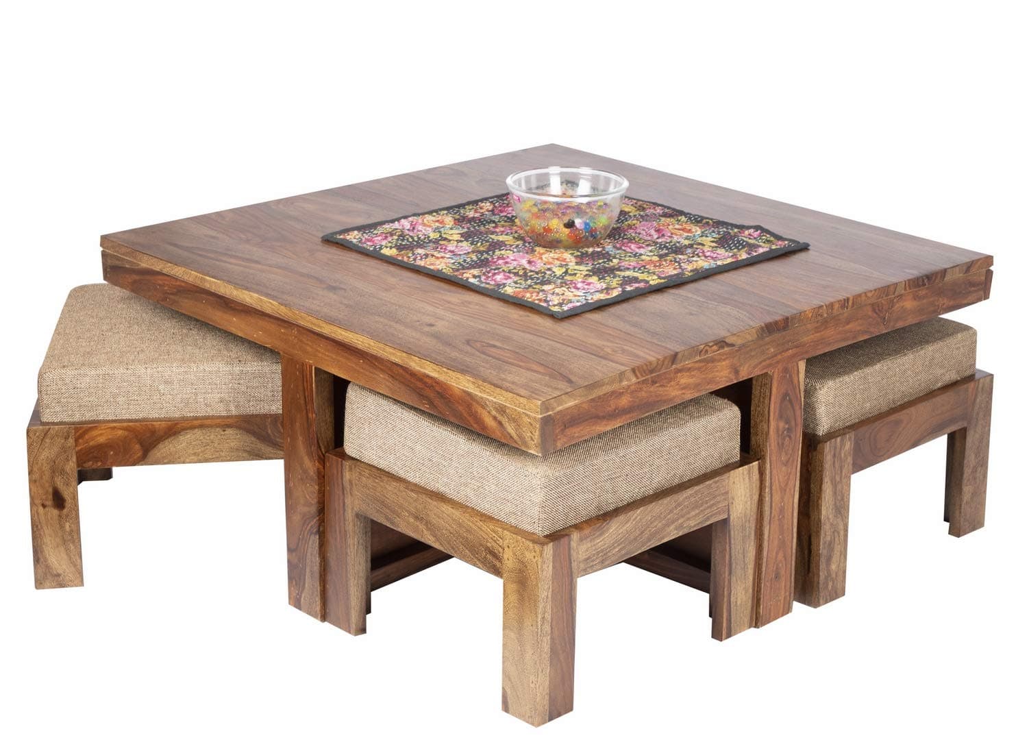 Ikiriya 100% Solid Sheesham Wood 4 Seater Coffee Table Set - Teak Finish ; Beige Jute, Standard (CTSW0314-2-JBE)