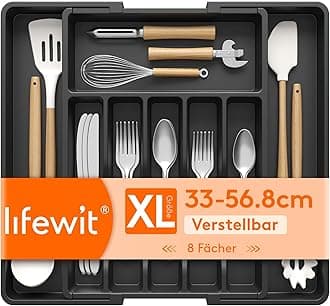 Silverware Drawer Organizer, Expandable Utensil Tray for Kitchen, BPA Free Flatware and Cutlery Holder, Adjustable Plastic Storage for Spoons Forks Knives, 33 -57 x 42cm, Black