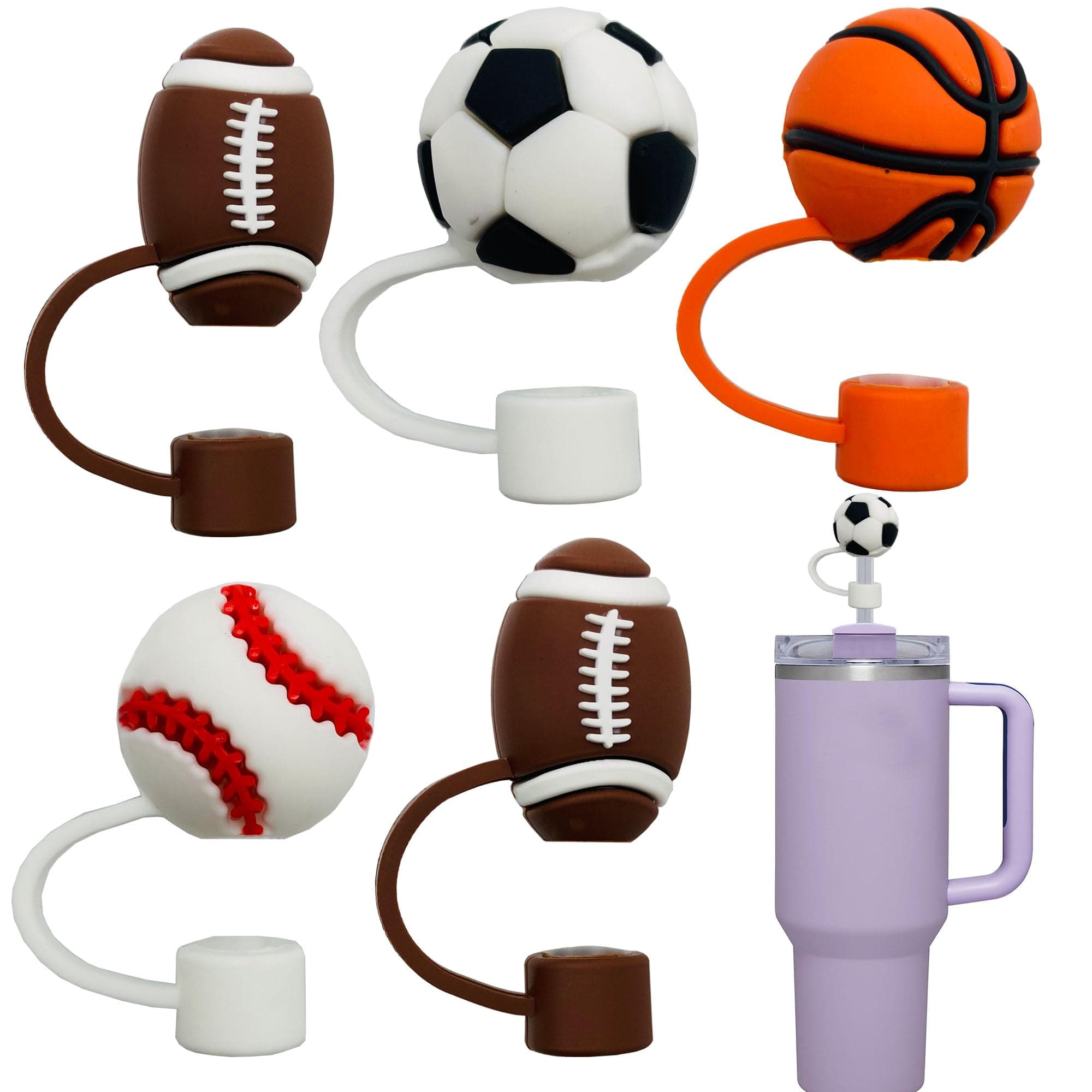 5pcs Straw Covers Cap Compatible with Stanley 20 30&40 oz Tumbler Cups Straw Topper fits 0.4In Reusable Straws,Balls Baseball Basketball Soccer BPA Free Silicone Straw Tips Lids