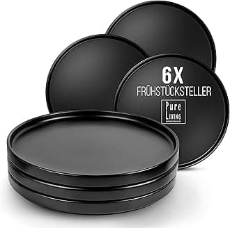 PURE LIVING Urban Black Line Manhattan Set of 6 breakfast plates in matte black, stoneware, dishwasher safe, microwave
