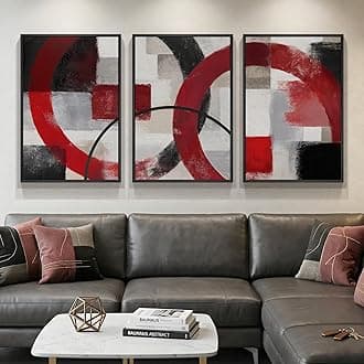 Large Framed Red Black White Abstract Wall Art for Living Room, Set of 3 Modern Canvas Prints Paintings Artwork for Walls, Red Black Geometric Pictures for Bedroom Hallway Office Wall Decor 24x36 In