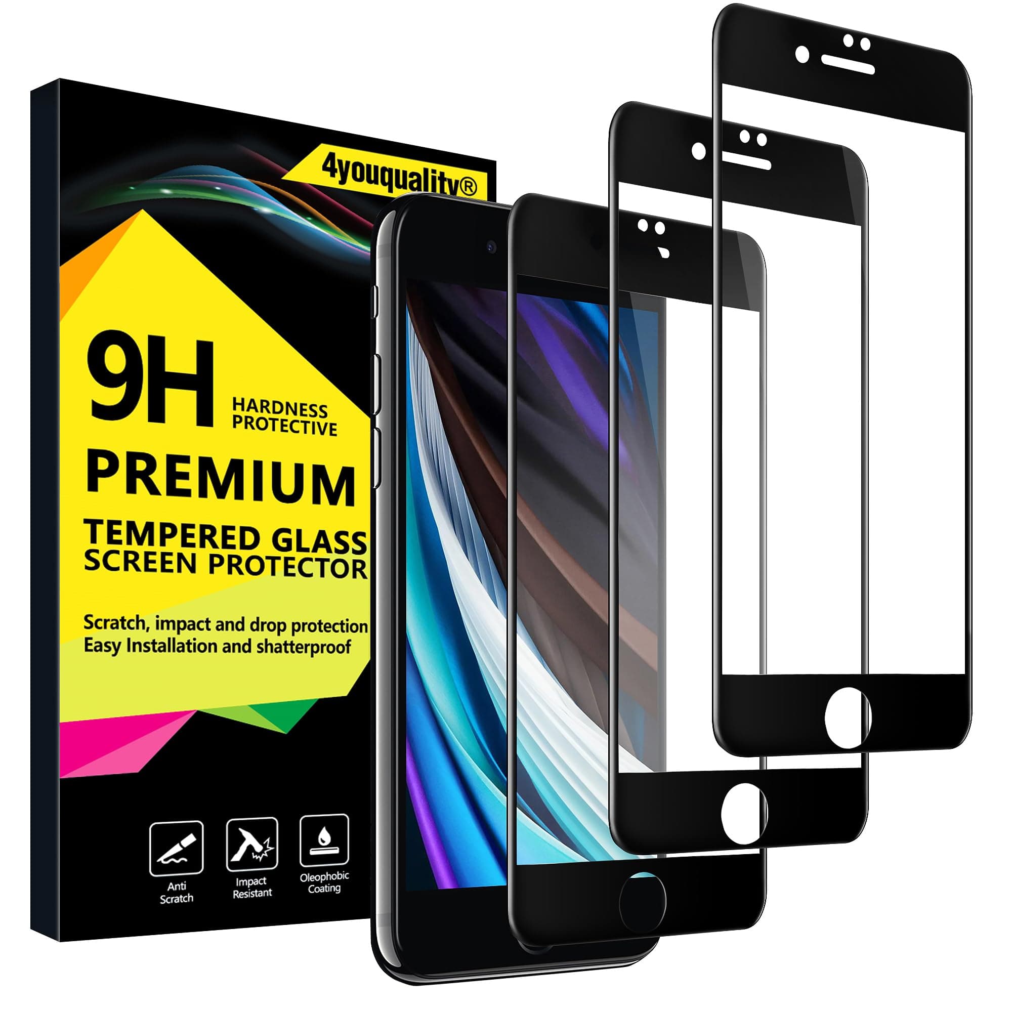 4youquality [3-Pack[Full Coverage] iPhone SE 3/2 (2022/2020 Edition) Screen Protector, Tempered Glass Film [LifetimeSupport][Full Coverage] Screen Protector for iPhone SE 2020 & iPhone SE 2022