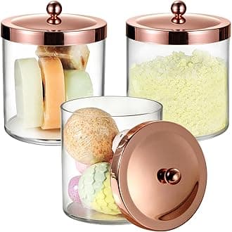 SheeChung 3 Pack 50 Oz Large Apothecary Jar with Rose Gold Rust-Proof Lid - Shatterproof Plastic Laundry Pods Container - Chic Rose Gold Bathroom & Vanity Storage Organizer for Scent Beads, Salts