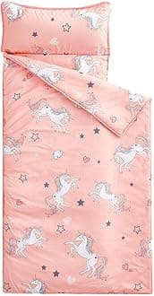 Wake In Cloud - Unicorn Nap Mat, with Removable Pillow for Kids Toddler Boys Girls Daycare Preschool Kindergarten Sleeping Bag, White Unicorns Printed on Pink, 100% Microfiber