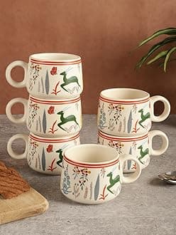 miah decor Ceramic Matte Printed Tea Coffee Mug Set of 6 Studio PoteryDrinkware Microwave Safe Stoneware Cups for Home & Restaurant-180 ml-Cream Multi