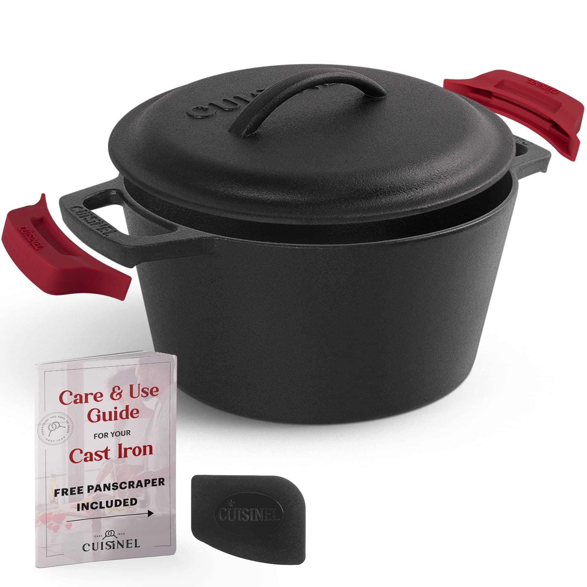 Cast Iron Dutch Oven - 3-Quart Deep Pot + Lid + Pan Scraper + Handle Covers - Large Pre-Seasoned Cooker for Baking Bread, Soup, Frying - Indoor/Outdoor - BBQ Cookware. PFAS and PFOA-free