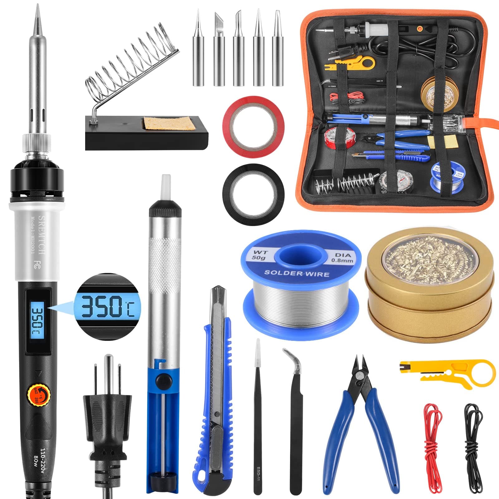 Electronics Soldering Iron Kit, 80W Adjustable Temperature Welding Tool With LCD Display,20 in 1 Soldering Kit,On/Off Switch,Solder Wire,Clean Ball,Soldering Tips,Soldering Stand, Desoldering Pump